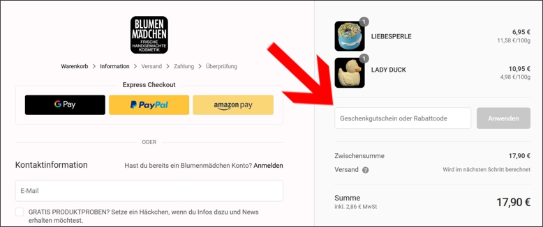Rabattcode im Warenkorb anwenden Den Blumenmädchen Gutschein im Warenkorb eingeben