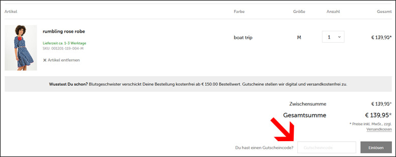 Füge deinen Blutsgeschwister Coupon im Warenkorb ein Deinen Blutsgeschwister Gutschein verwendest du im Warenkorb