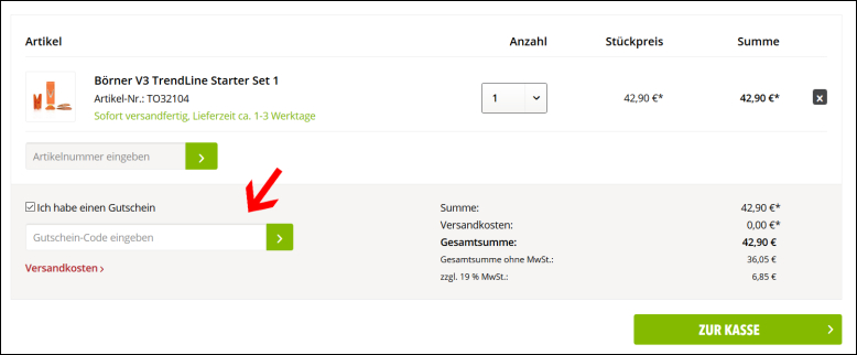 Hier kannst du deinen Rabattcode einfügen Wende deinen Börner Gutschein im Warenkorb an