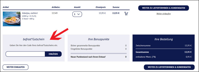 Gutscheincode im Warenkorb einlösen bofrost Gutschein im Warenkorb aktivieren