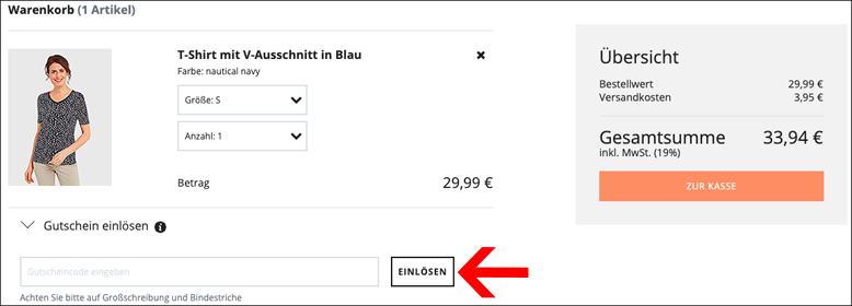 Gutscheincode hier eintragen BONITA Gutschein im Warenkorb einlösen