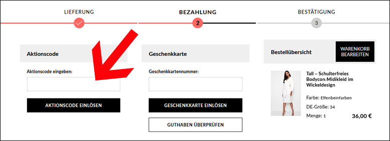 So löst du deinen Aktionscode bei boohoo richtig ein Den boohoo Rabattcode im zweiten Bestellschritt einlösen