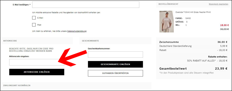 Gutschein im 2. Bestellschritt einlösen boohooMAN Rabatt Code im zweiten Bestellschritt eingeben