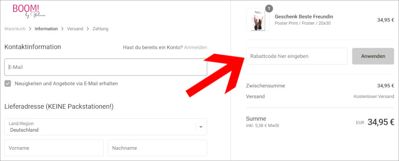 Deinen BOOM! By Waleria Rabattcode aktivierst du an der Kasse Den BOOMbyWaleria Rabatt an der Kasse aktivieren
