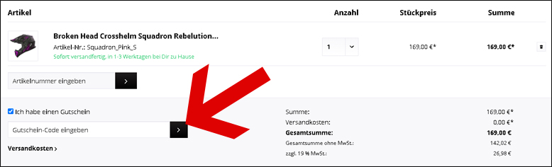 Hier kannst du deinen Gutscheincode eingeben Den Broken Head Gutschein im Warenkorb einlösen