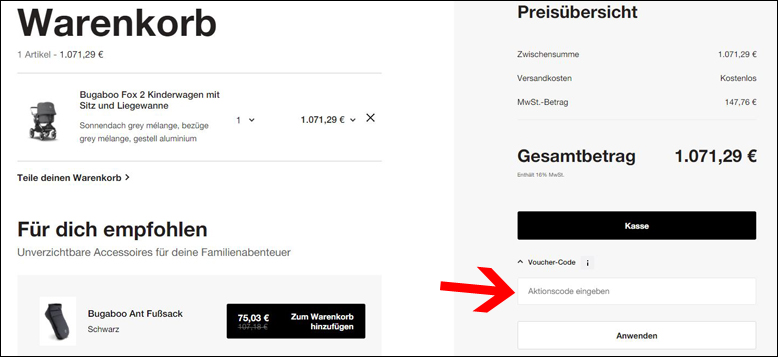 Gutscheincode hier eingeben Bugaboo Gutschein im Warenkorb einlösen