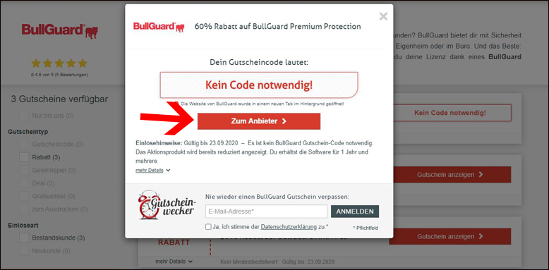 Klicke auf Gutschein Anzeigen, um zur BullGuard Aktion zu gelangen Direkt über den BullGuard Gutschein zur reduzierten Aktion weiterleiten lassen
