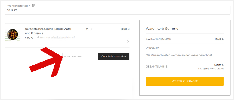 Hier kannst du deinen Gutscheincode anwenden Den buntr Gutschein im Warenkorb aktivieren