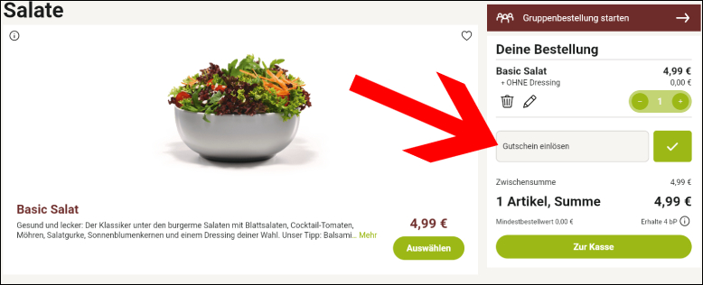 Hier aktivierst du deinen Sparvorteil Den burgerme Gutschein im Warenkorb hinzufügen
