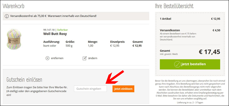 Gutscheincode im Warenkorb einlösen butinette Gutschein im Warenkorb angeben