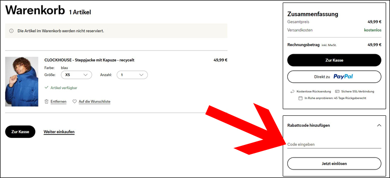 Deinen C&A Gutscheincode aktivierst du im Warenkorb Den C&A Gutschein im Warenkorb einlösen