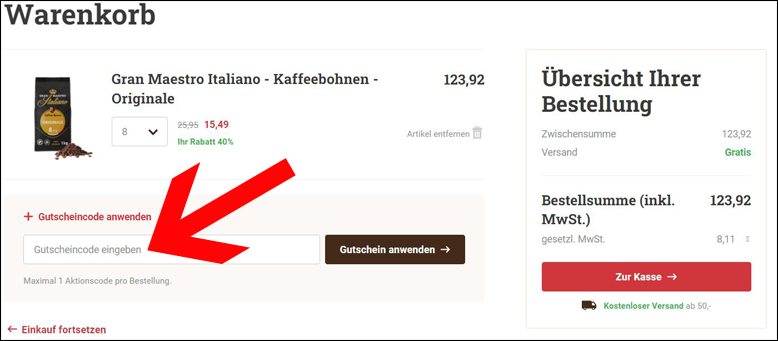 Rabattcode hier eingeben Cafori Gutschein im Warenkorb einlösen