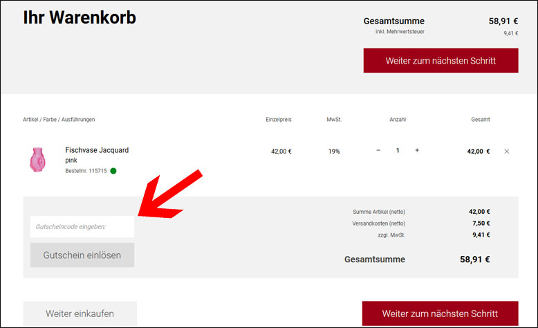 Code im Warenkorb eingeben Den Cairo Gutschein im Warenkorb nutzen