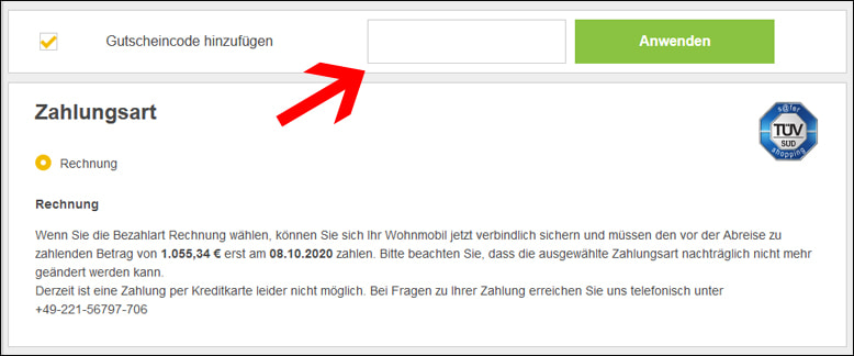 Im letzten Buchungsschritt kannst du deinen Camperdays Coupon einlösen Camperdays Gutschein im letzten Buchungsschritt verwenden