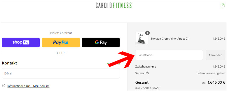 Gutscheincode an der Kasse eingeben CARDIOFITNESS Rabattcode an der Kasse einlösen