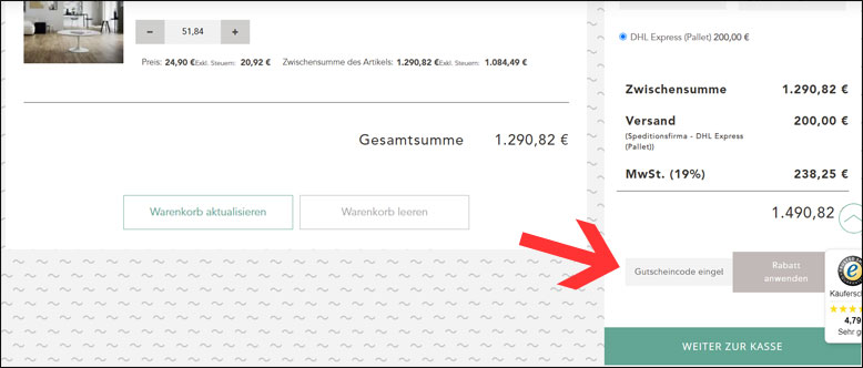 Code im Warenkorb einfügen Casa39 Rabattcode im Warenkorb eingeben