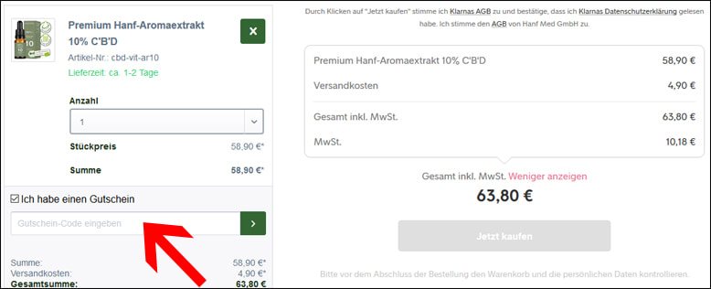 CBD-CANNABIDIOL Gutschein im Warenkorb einfügen CBD-CANNABIDIOL Gutscheincode beim Warenkorb eintragen