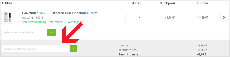 Gib den CBD per Klick Gutscheincode in das Feld ein Im Warenkorb den CBD per Klick Gutschein einlösen