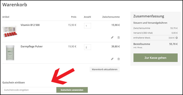 Deinen CBD Vital Gutschein löst du im Warenkorb ein Deinen CBD Vital Gutschein bitte im Warenkorb eingeben