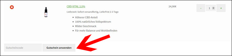 So kannst du deinen CBD24 Gutscheincode im Warenkorb anwenden Deinen CBD24 Shop Gutschein löst du im Warenkorb ein
