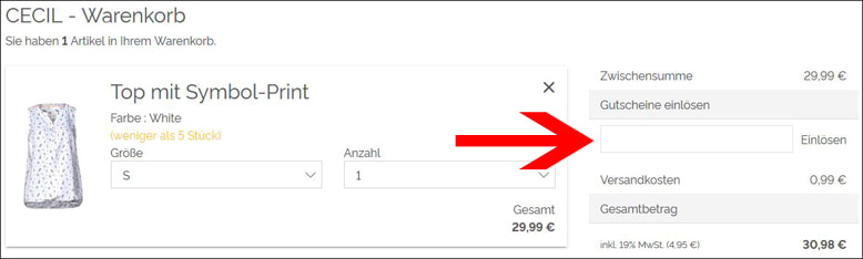 Hier löst du den CECIL Gutscheincode ein Den CECIL Rabattcode im Warenkorb eingeben