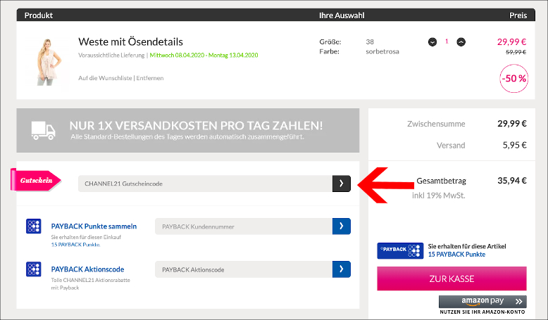 Löse hier den Rabattcode ein Channel21 Gutschein im Warenkorb einlösen