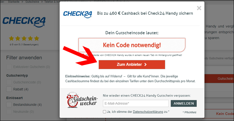 Direkt zur Aktion weiterleiten lassen Mit dem CHECK24 Handy Gutschein zur Aktion weiterleiten lassen
