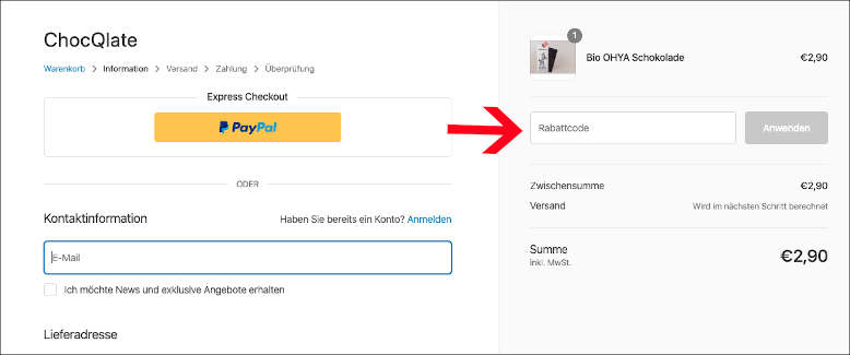 Trage hier den Rabattcode ein Der ChocQlate Gutschein wird an der Kasse eingelöst