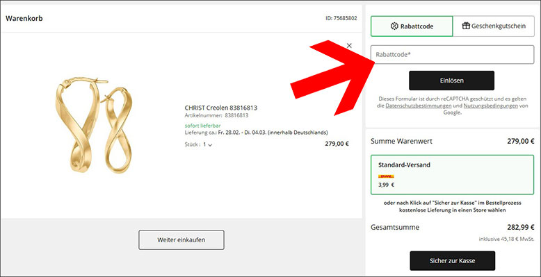 Im Warenkorb den CHRIST Rabatt einlösen Den CHRIST Rabatt im Warenkorb einlösen
