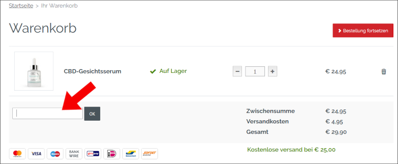 Im Warenkorb kannst du deinen Cibdol Gutscheincode aktivieren Löse den Cibdol Gutschein im Warenkorb unter der Artikelübersicht ein