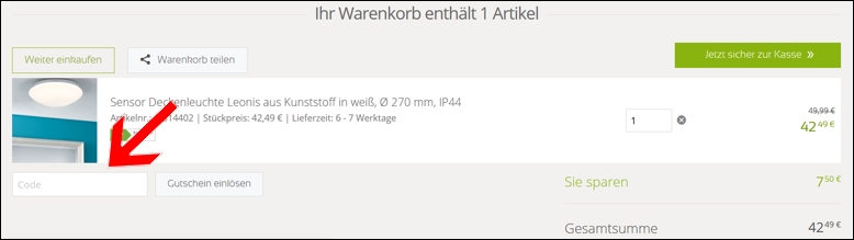 Gib den Code im Warenkorb an Click Licht Gutschein im Warenkorb einlösen