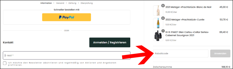 Gutscheincode an der Kasse aktivieren Den Club of Wine Gutschein an der Kasse einlösen