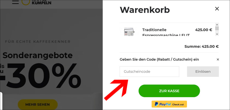 Im Coffee Friend Onlineshop wird ein Gutscheincode im Warenkorb eingegeben Im Coffee Friend Onlineshop wird ein Gutschein im Warenkorb eingelöst