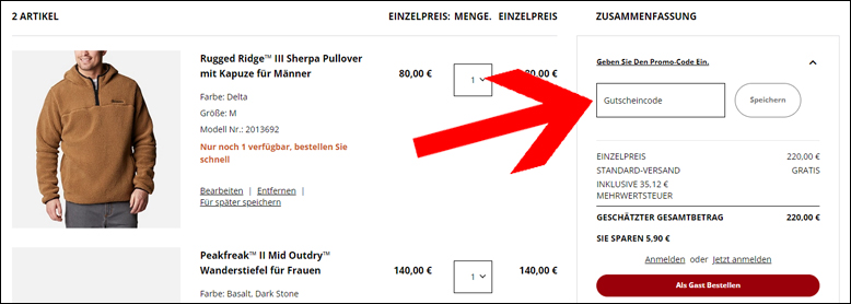 Gutschein Code im Warenkorb einlösen Löse den Columbia Gutschein im Warenkorb ein