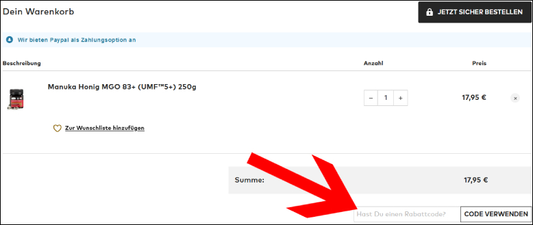 Rabattcode hier einlösen Comvita Coupon im Warenkorb eingeben
