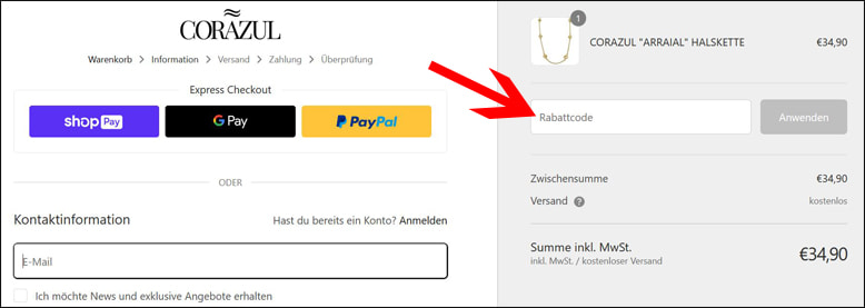 Löse hier den Gutschein ein Den Corazul Gutschein an der Kasse einlösen