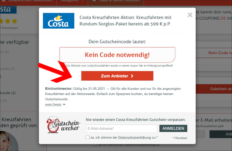 Mit einem Costa Kreuzfahrten Coupon kannst du dich direkt zur Aktion weiterleiten lassen Mit einem Costa Kreuzfahrten Gutschein zur Aktion weiterleiten lassen