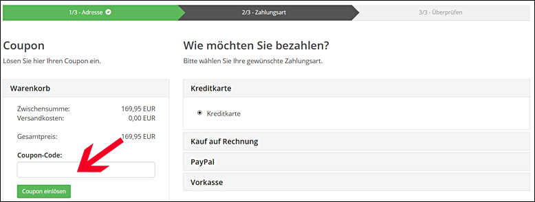 Bitte hier den Gutscheincode eingeben Den CRICKET Gutschein im Warenkorb eingeben