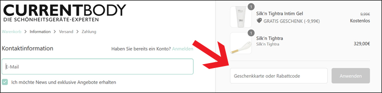 Den CurrentBody Code in das Feld eingeben Einen CurrentBody Gutschein im zweiten Bestellschritt einlösen