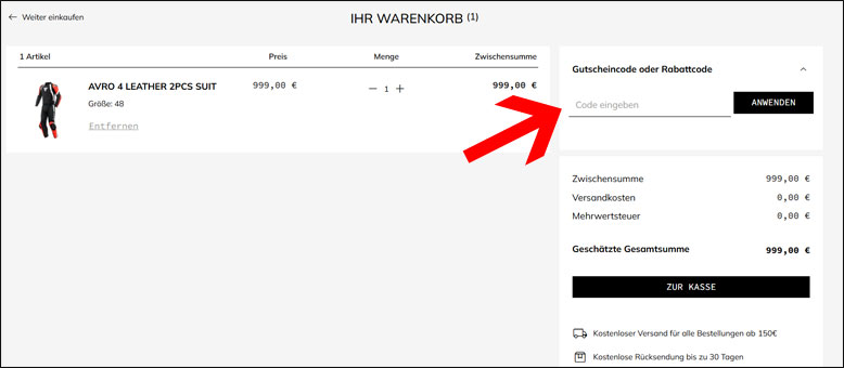Code im Warenkorb eingeben Dainese Rabatt Code im Warenkorb einfügen