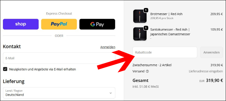 Aktiviere den DAMASO Rabattcode an der Kasse