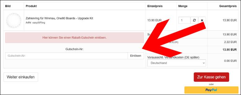 So wendest du deinen Rabattcode an Dartshop Gutschein im Warenkorb einlösen