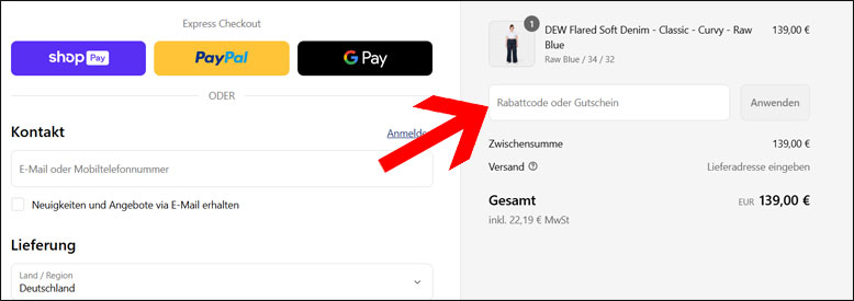 Code an der Kasse eingeben DAWN Denim Rabattcode an der Kasse eingeben