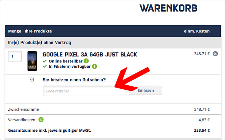 Den mobilcom-debitel Gutschein im Warenkorb einlösen Ein mobilcom-debitel Gutscheincode wird im Warenkorb eingelöst