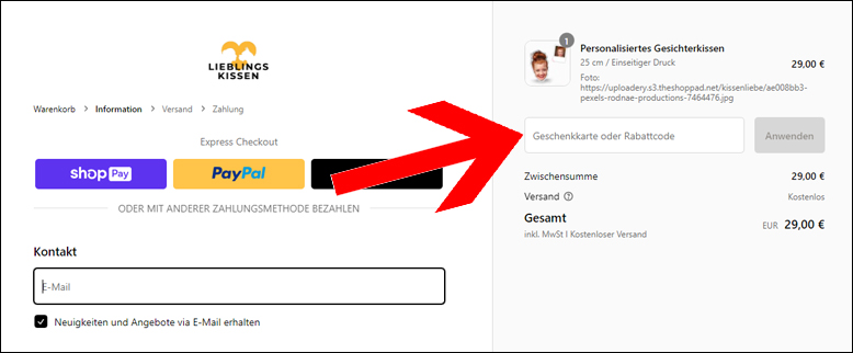 Den Gutschein im Laufe der Bestellung einlösen Dein Lieblingskissen Rabattcode im Laufe der Bestellung einlösen