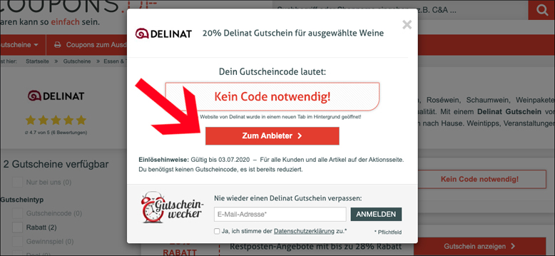 Lass dich über unseren Coupon direkt zur reduzierten Aktion weiterleiten Mit Klick auf einen Delinat Gutschein zur reduzierten Aktion gelangen