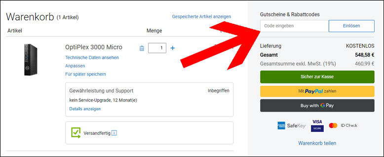 Rabatt Code im Warenkorb einlösen Dell Gutschein im Warenkorb einlösen