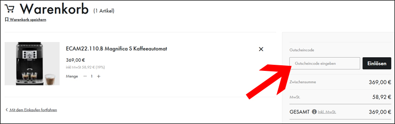 Den DeLonghi Rabattcode im Warenkorb eingeben Eine DeLonghi Aktion nutzen