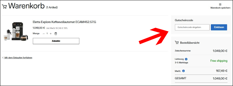 Den DeLonghi Rabattcode im Warenkorb eingeben Eine De Longhi Gutschein nutzen