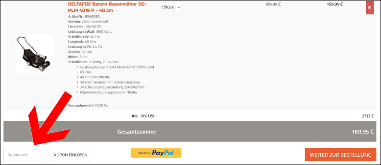 Gib den Gutscheincode in dieses Feld ein Der Deltafox Kuponcode wird im Warenkorb eingelöst